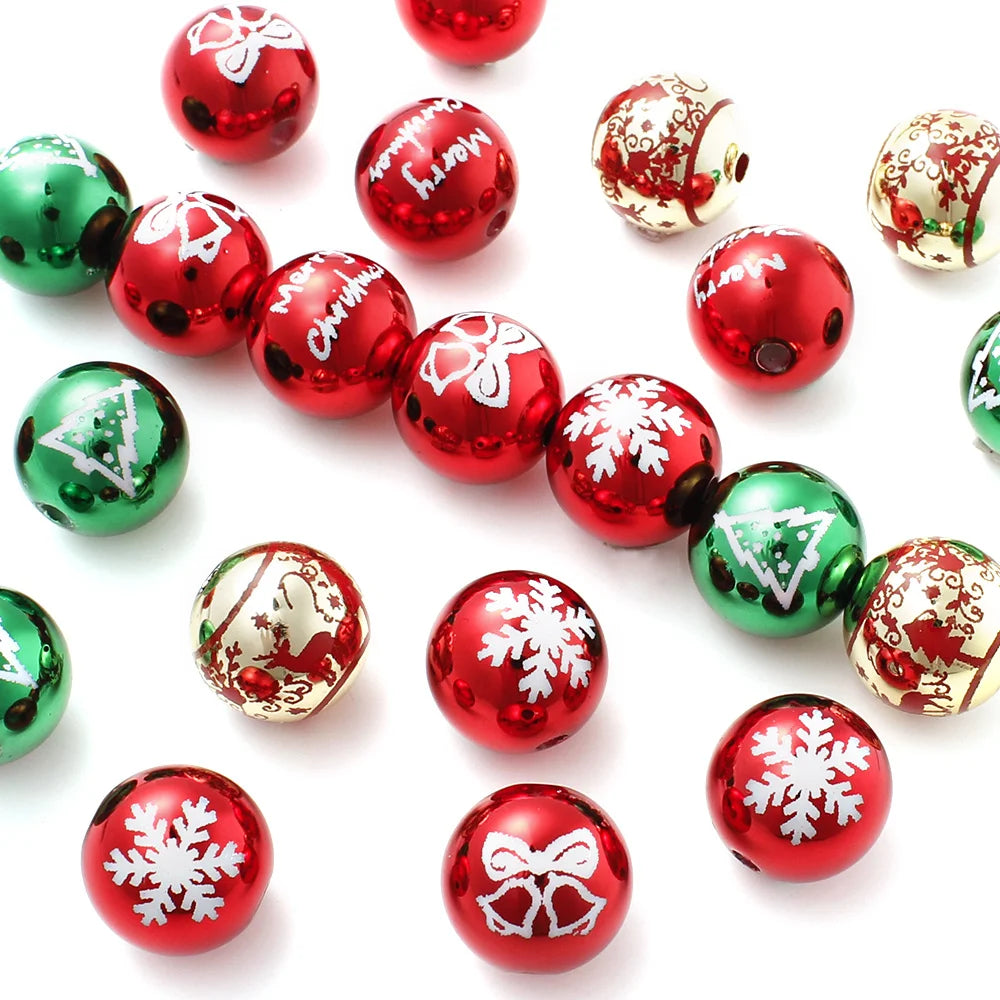 16mm 10pcs Big UV Color Xmas Acrylic Beads Printing Christmas Tree Snowflake Bell Beads For Making Xmas Style Necklace Earring