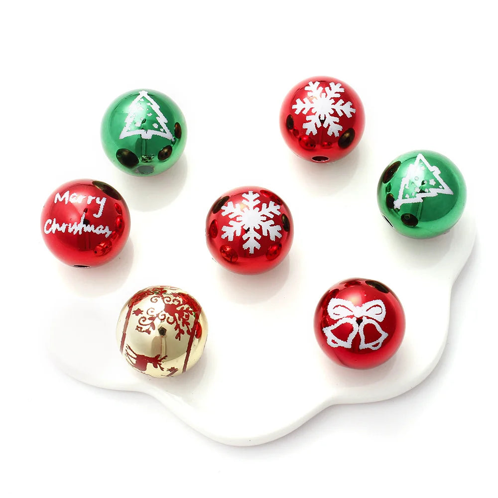16mm 10pcs Big UV Color Xmas Acrylic Beads Printing Christmas Tree Snowflake Bell Beads For Making Xmas Style Necklace Earring