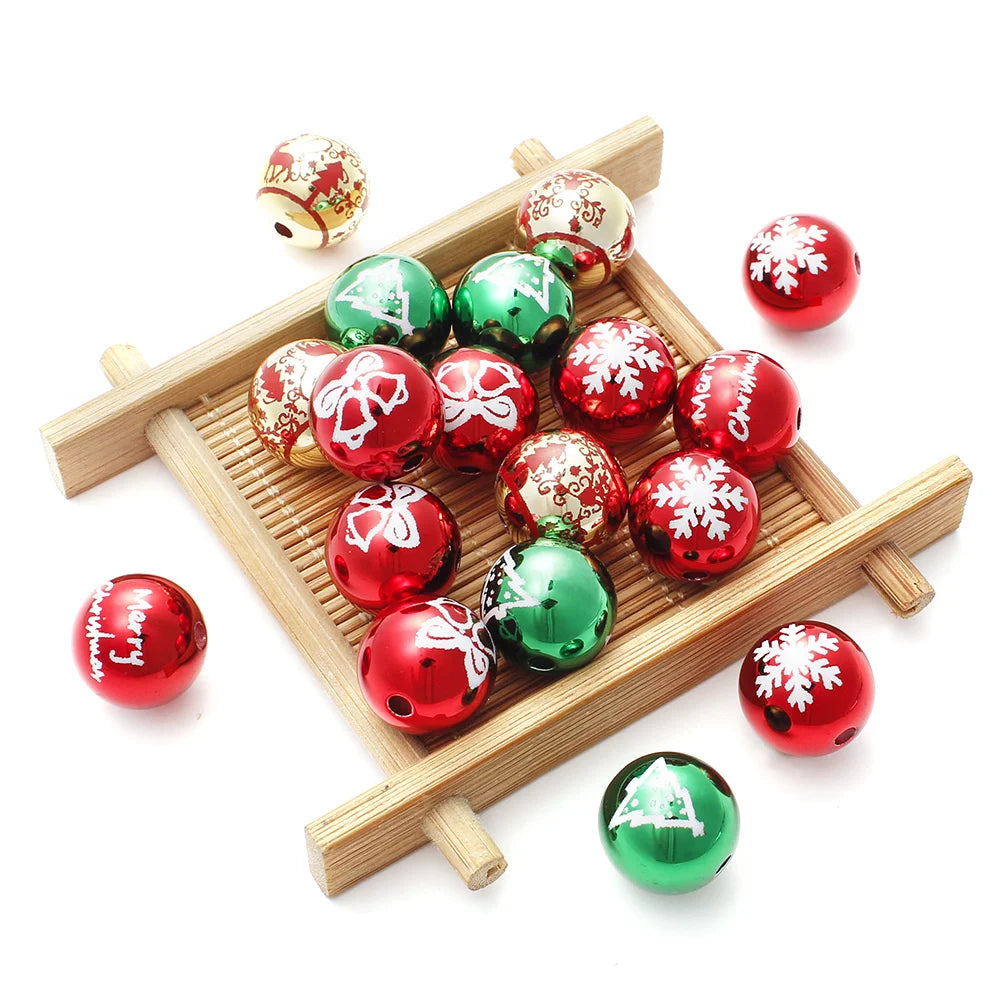 16mm 10pcs Big UV Color Xmas Acrylic Beads Printing Christmas Tree Snowflake Bell Beads For Making Xmas Style Necklace Earring