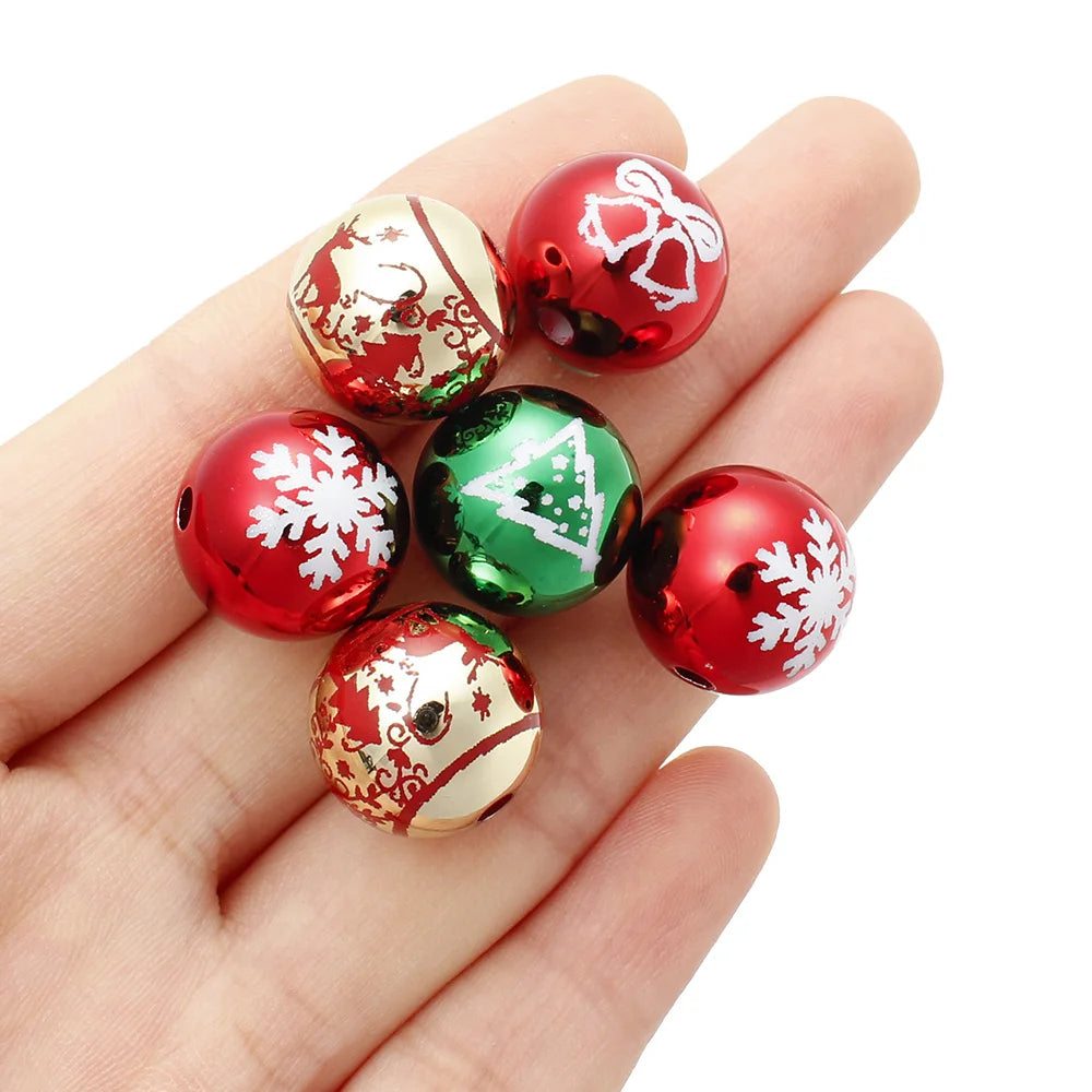 16mm 10pcs Big UV Color Xmas Acrylic Beads Printing Christmas Tree Snowflake Bell Beads For Making Xmas Style Necklace Earring